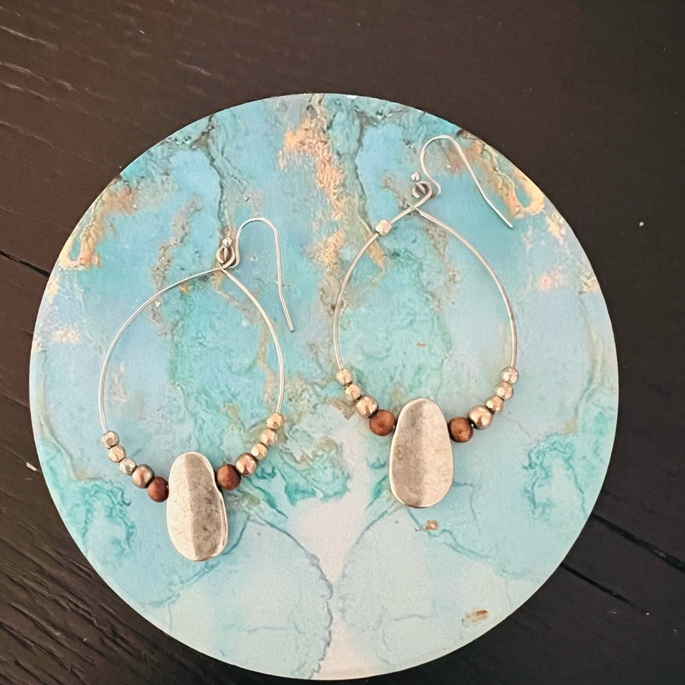 Silver Hoop Earrings with Brown Accent Beads